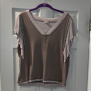 V-POL V-Neck Flutter Sleeve Top with Stud Detail